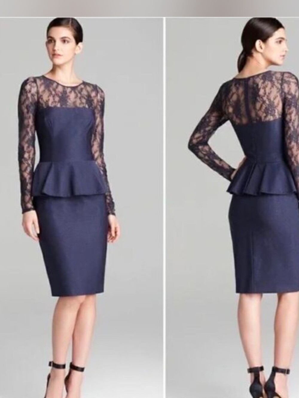 David Meister Navy peplum dress with lace long sleeve sz 10